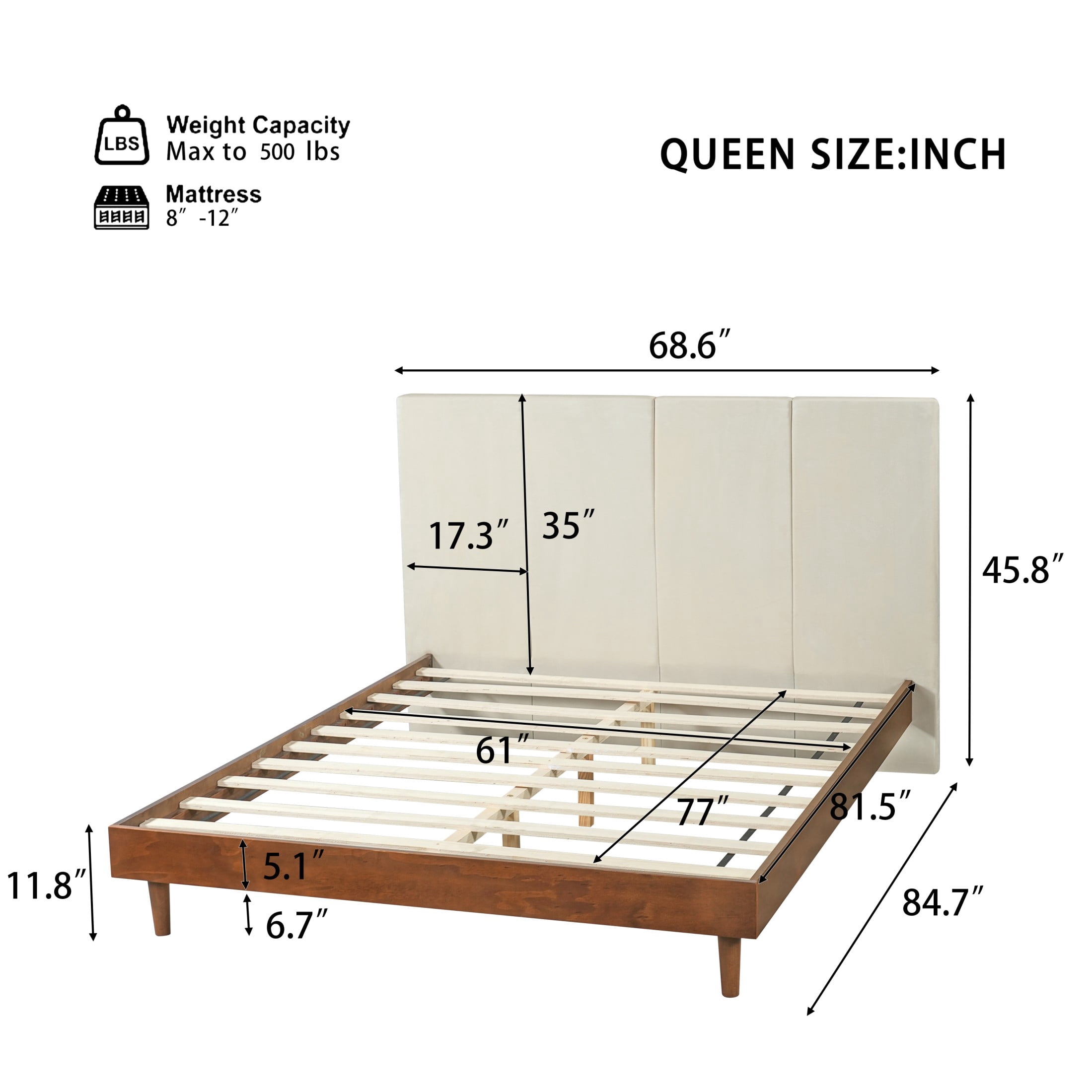 Christopher Knight Home Queen Platform Bed Frame with Channel Upholstered Headboard, Walnut+Beige