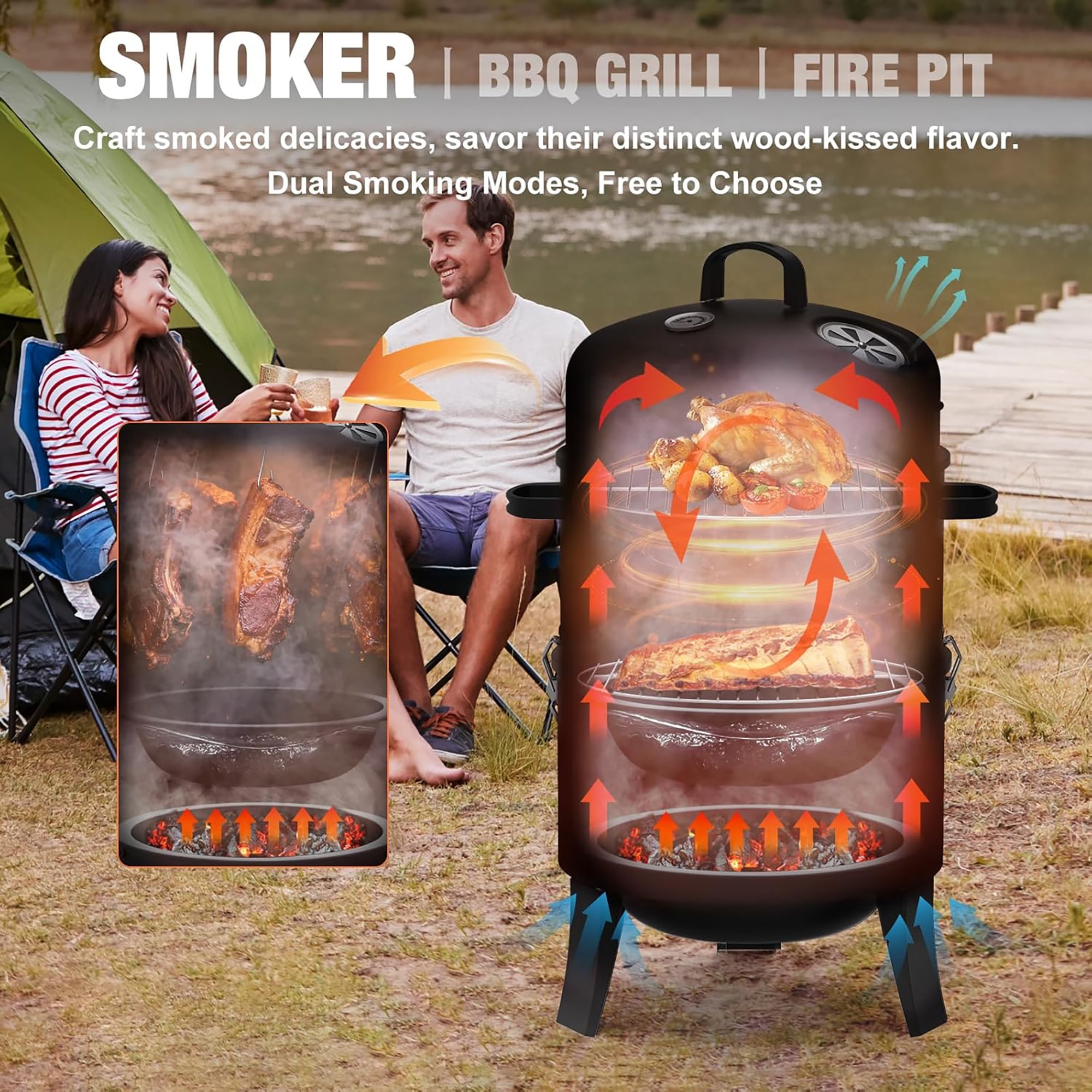 16" Charcoal Smoker Grill ,3 in 1 Vertical Barbecue BBQ Grill with 2 Cooking Area &Thermometer for Outdoor Camping Picnic Backyard Cooking Black