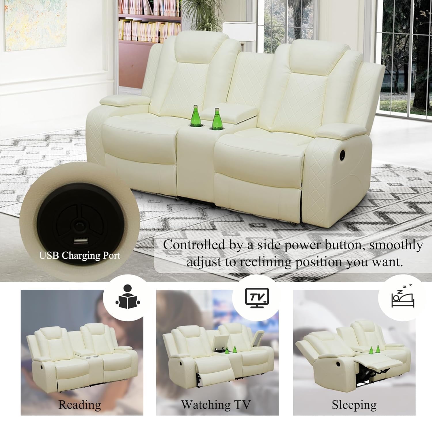 TrumanPick Power Air Leather Recliner Sofa Set with LED Lights Couches for Living Room with USB Port, Cup Holders, White