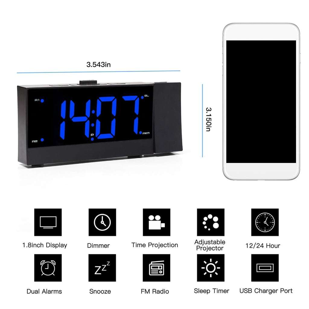 Apooke LED Projection Alarm Clock with Adjustable Brightness and USB Charging Tabletop Clocks Temperature Week Date Display