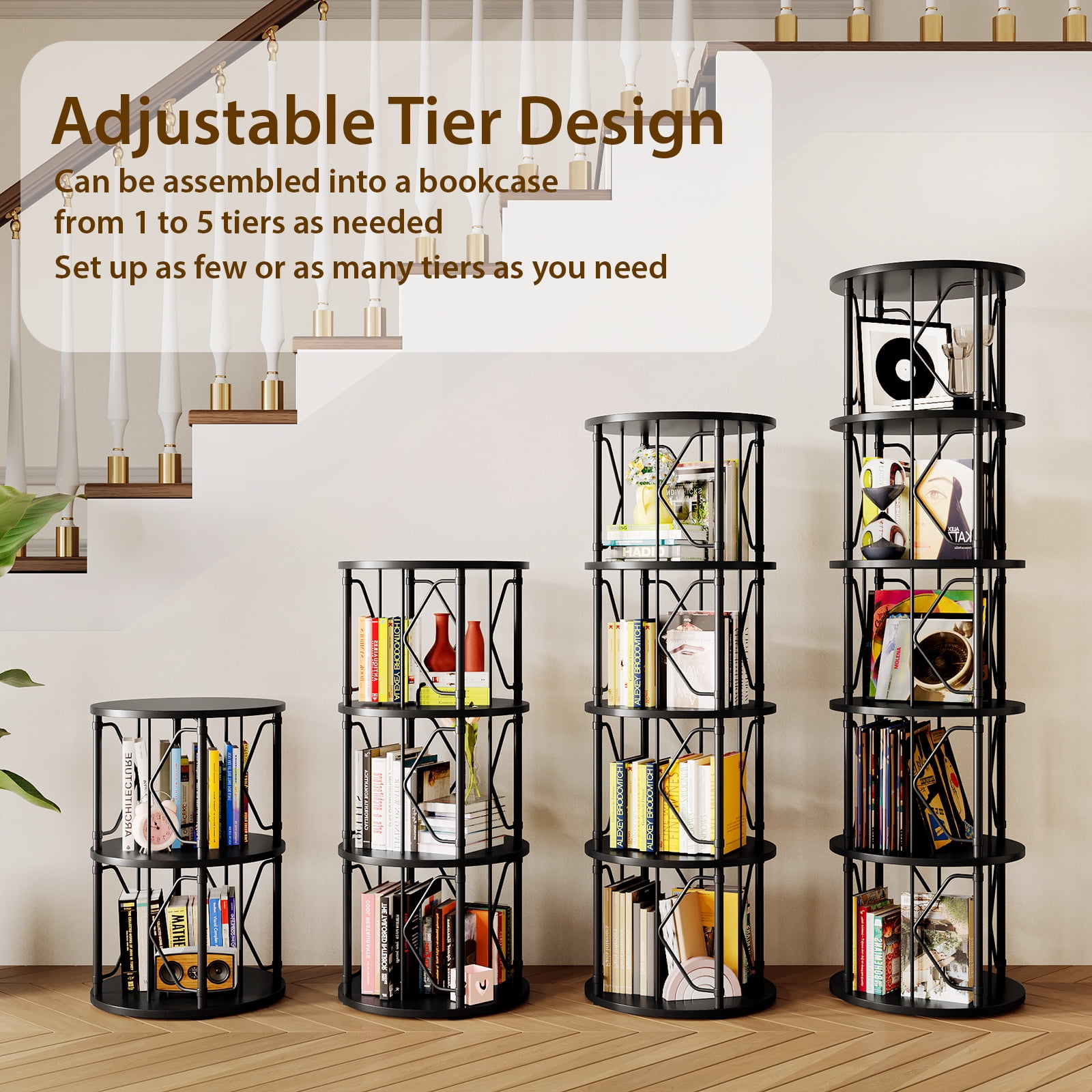 LLappuil 5 Tier Rotating Bookshelf, 360° Display Swivel Bookcase, Corner Bookshelf for for Bedroom, Living Room Black