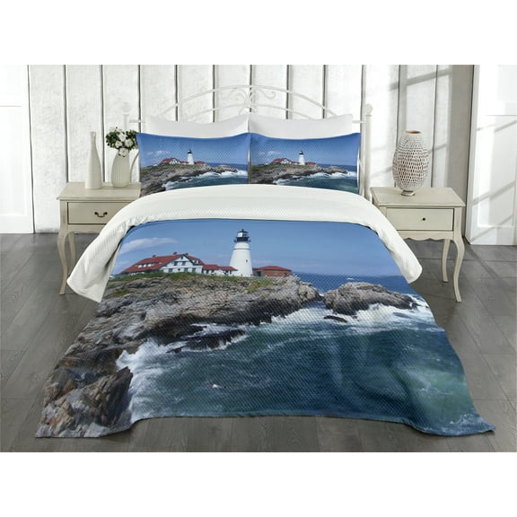 Landscape Bedspread, Marine Themed Photo with Lighthouse on Rocks and Wavy Sea Calm Sky Panorama, Decorative Quilted 3 Piece Coverlet Set with 2 Pillow Shams, Queen Size, Blue Brown, by Ambesonne