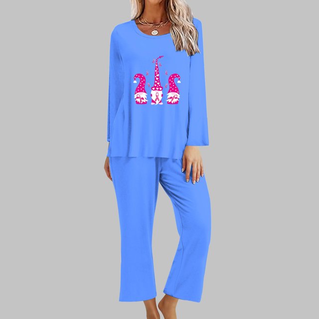 Puntoco Mujer Otoño Moda Cáncer De Mama Impreso Cuello Redondo Manga Larga + Pantalones Traje Azul Cielo S