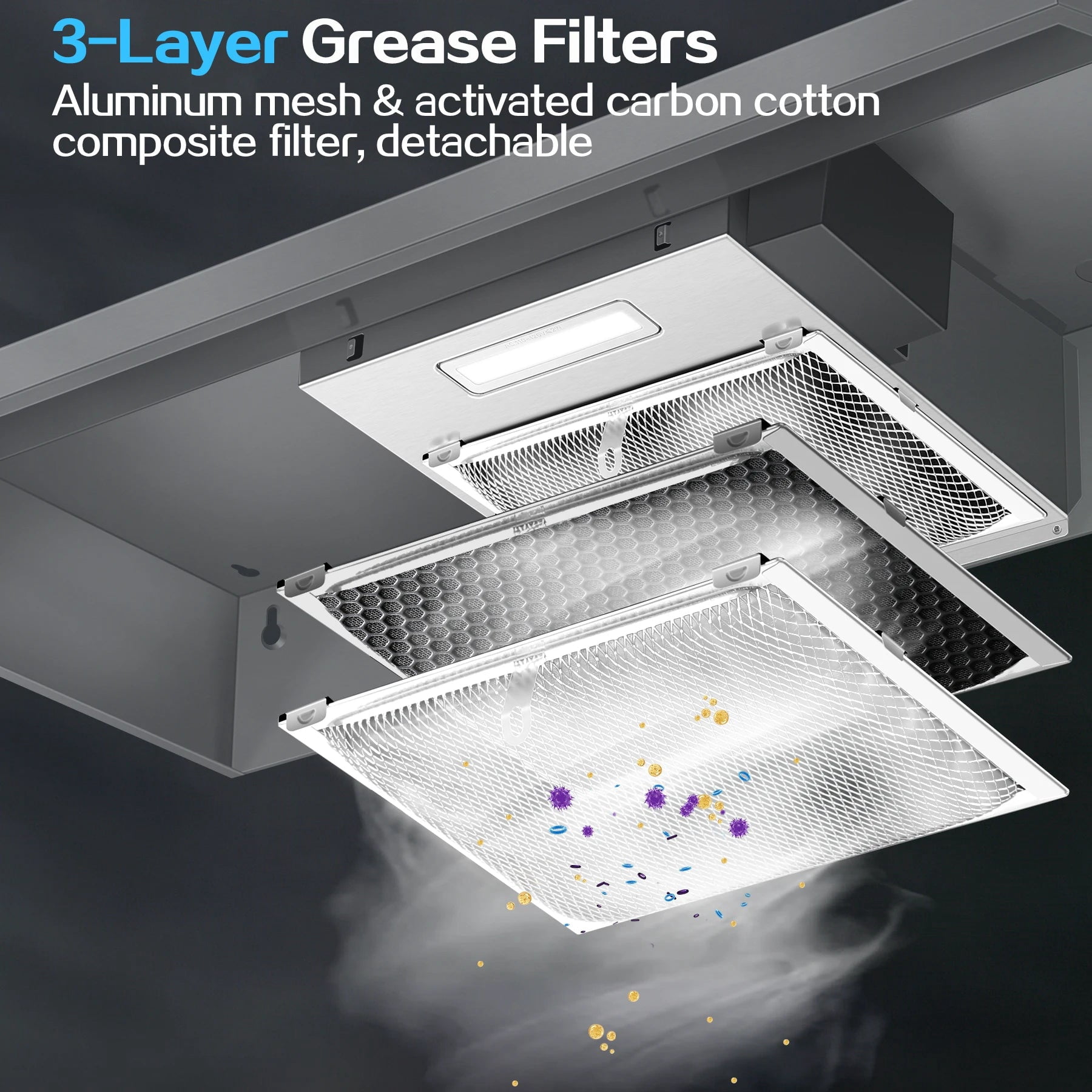 24 Inch Range Hood Under Cabinet, Stainless Steel Kitchen Hood 280CFM, Ducted/Ductless Vent Hood with Rocker Button Control