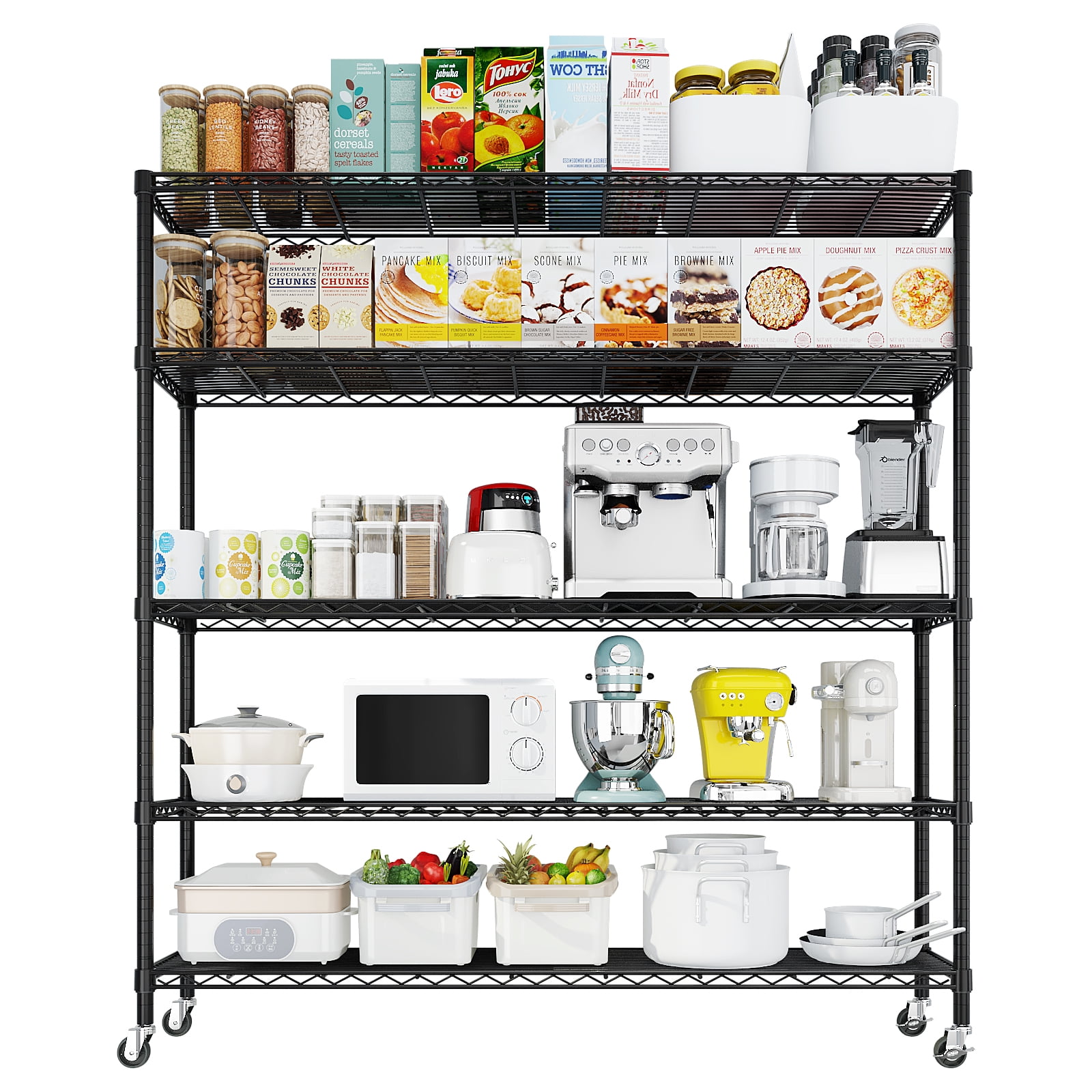 5-Tier Ultra Wide Steel Wire Storage Shelf Carbon Steel Adjustable Height Utility Organizer with Leveling Feet for Home Restaurant Hotel Commercial Use