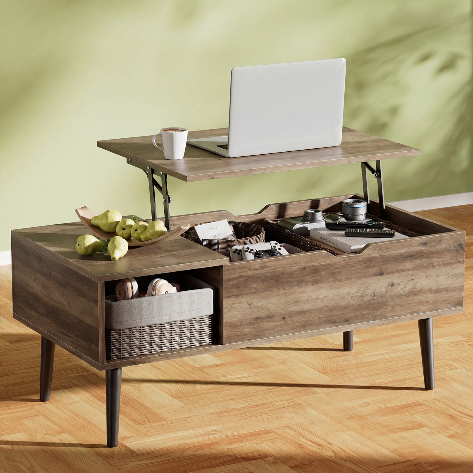 CONCETTA Lift Top Coffee Table with Storage, Small Living Room Table with Adjustable Shelf and Storage Compartment,White Gray