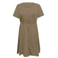 thumbnail image 4 of Bigersell Women's Cocktail Dresses Women's Fashion Casual Comfortable Solid Short Sleeve Round Neck Button Knee Length Dress Female Wear To Work Dresses Women Skater Dresses, Style 24618, Khaki S, 4 of 5
