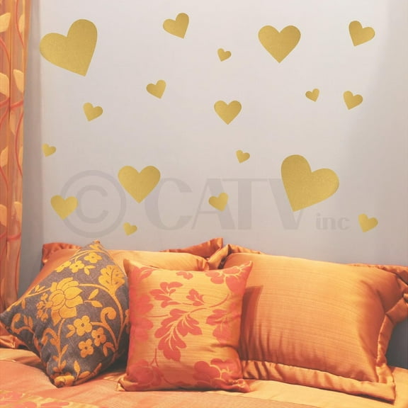Hearts assorted set of 50 Wall Pattern Decal Vinyl Sticker Valentines Day Wedding Decor Self Adhesive Decals - SIzes Range From 1.5"-10" - Color: Metallic Gold