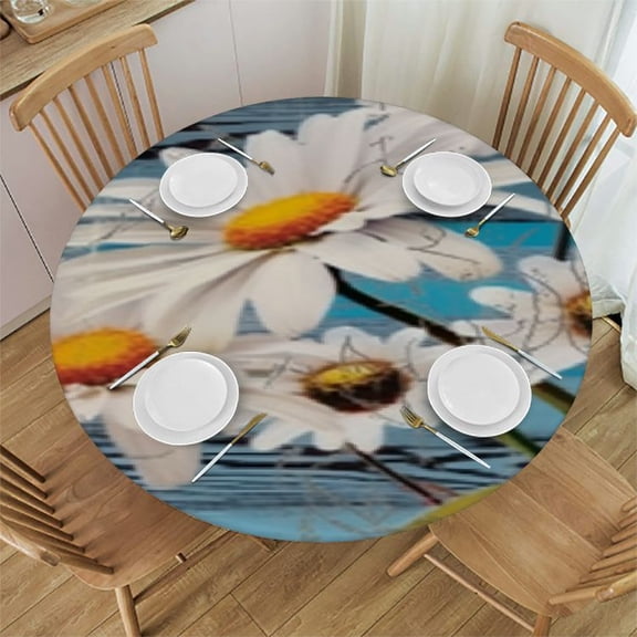 Spring Floral Fitted Round Tablecloth, Elastic Edge Table Cover, Farmhouse Rustic Wooden Fabric