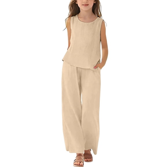 Kids Fall Clothes for Girls 9-10 Linen Outfit Girls 2 Piece Outfits Sleeveless Top Tshirts and Loose High Waisted Summer Pants Set