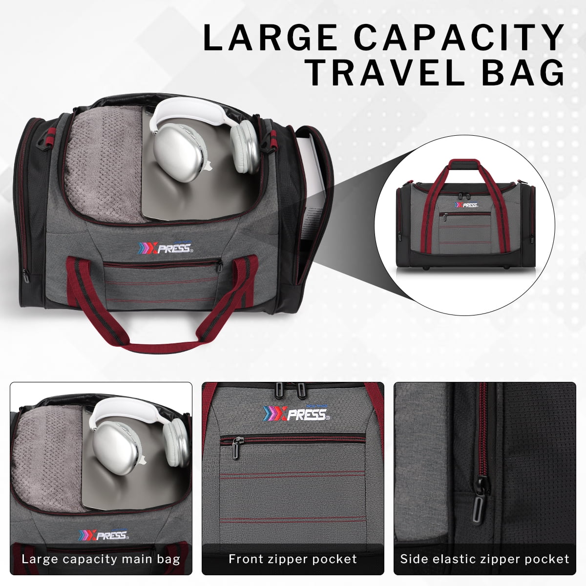 20" Travel Duffel Bag 45L Lightweight Foldable Sports Gym Bag Adjustable Strap Tear-Resistant Weekender Overnight Bag, Red(LX298)
