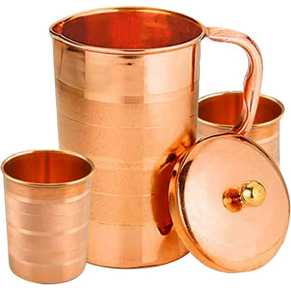 Copper Drinkware Set- Pure Copper Water Jug with 2 Copper Tumblers | Copper Pitcher and Tumbler Drinkware Set (Luxery Set)