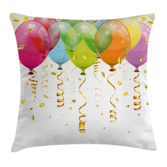 Birthday Decorations Throw Pillow Cushion Cover, 3D Style Flying Balloons Curled Ribbons Confetti Rain Entertainment, Decorative Square Accent Pillow Case, 18 X 18 Inches, Multicolor, by Ambesonne