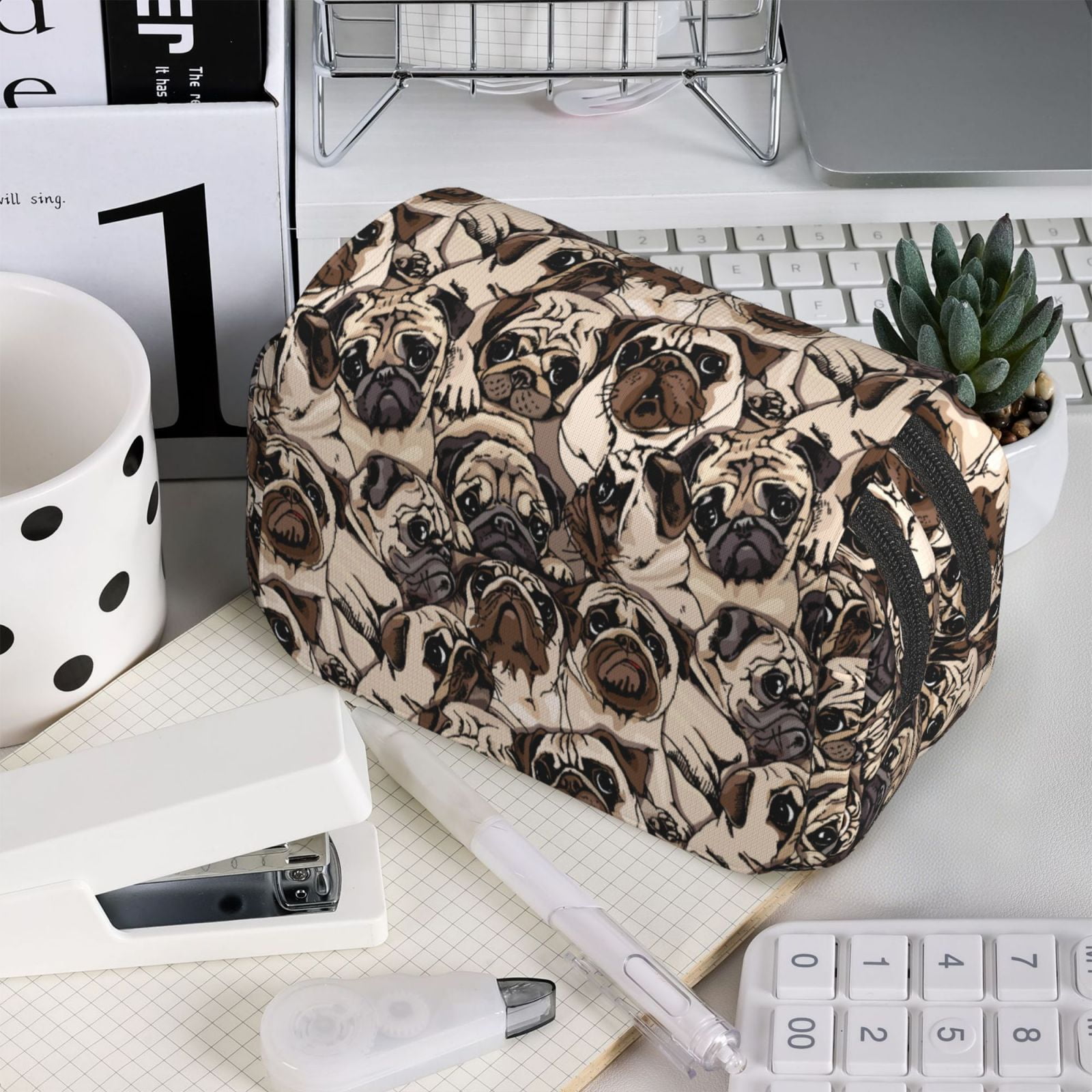 Rateoe Pug Pattern Double Clamshell Pen Case, Storage Organizer with Two Zipper Compartments– Holds Up to 50 Pencils & Pens