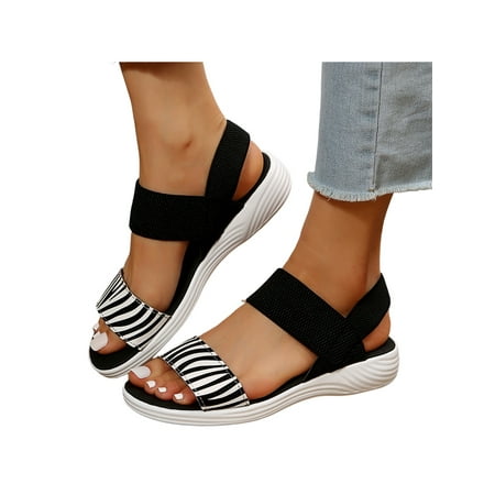 

Sanviglor Women Casual Shoes Slip On Strappy Sandal Peep Toe Sandals Outdoor Lightweight Houndstooth Comfort Summer Stripes Black White 7.5