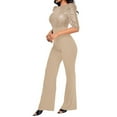 thumbnail image 4 of ZAZYULZ Charming Women's Round Neck Medium Sleeved Waistband Loose Fitting Wide Leg Sequin Jumpsuit(Beige,Xxl), 4 of 6