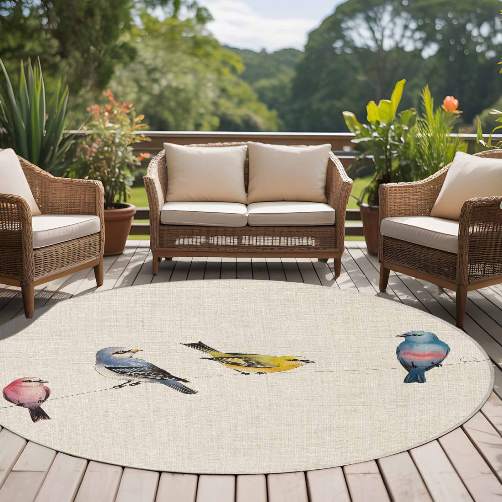 Watercolor Birds Round Area Rug 7Ft Washable Circle Rugs for Dorm Laundry Room, Spring Animal Country Beige Non-Slip Carpet Floor Mats Indoor Outdoor Carpet Runner Aesthetic Home Decor