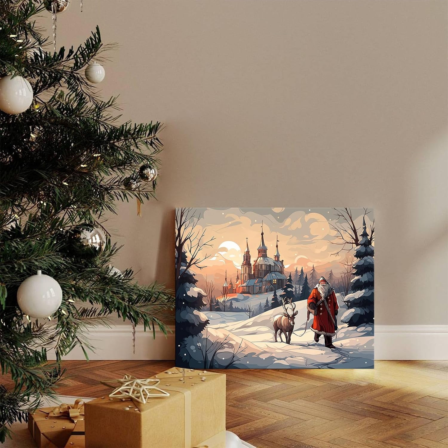 Christmas Santa Claus and Reindeer in Winter Wonderland Canvas wall art decor, Festive Wall Art for Living Room or Office, Holiday Home Decor with Scenic Snowy Landscape and Classic Santa 11X14inch
