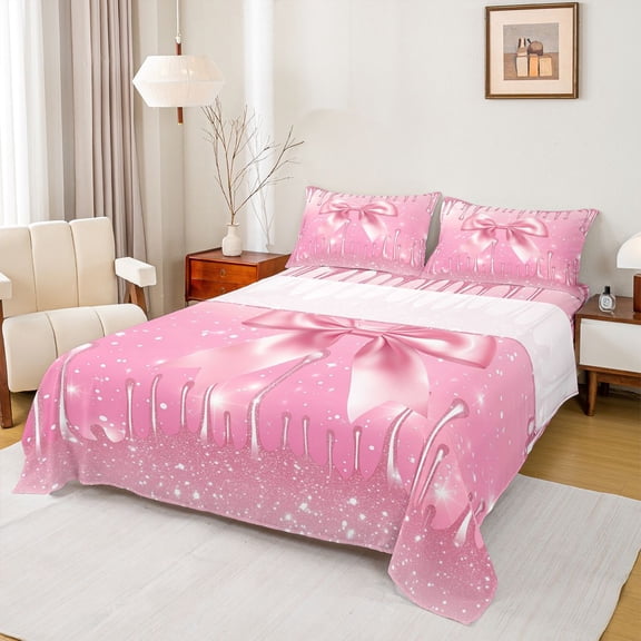 Feelyou Princess Bowknot Pink Twin Sheet Sets, Fashion Sequin Print Twin Fitted Sheet, Teens Kids Girls Women Flat Sheet, Super Cozy Room Decor, 3-Piece