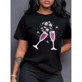 thumbnail image 1 of Women'S Casual Polyester T-Shirt with Wine Glasses Print, Crew Neck, Short Sleeve, Knit Fabric, All-Season Fashion Top, 1 of 7