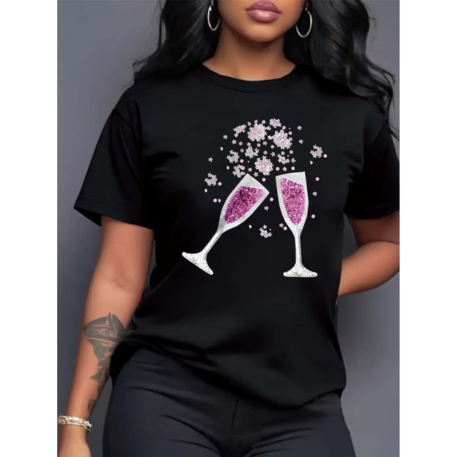 Women'S Casual Polyester T-Shirt with Wine Glasses Print, Crew Neck, Short Sleeve, Knit Fabric, All-Season Fashion Top