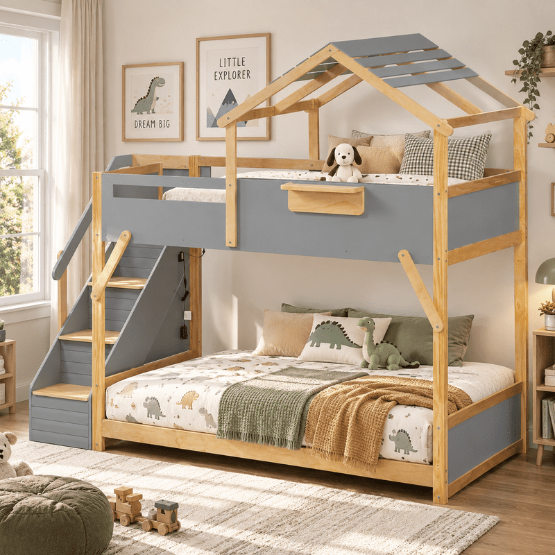 Twin Over Twin House Bunk Bed with Stairs, 3-Color LED Lights and Storage Shelf, Wooden Bunk Bed Frame with Guardrails and Roof Frame for Kids Bedroom