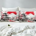 thumbnail image 4 of Mount Fuji Bedding Set Japanese Style Red Sun Bed Sheets Ukiyo-E Theme Fitted Sheet Mountain Cherry Blossom Ink Painting Sheets 3 Pieces with 2 Pillow Cases, Queen Size Black White Red, 4 of 5