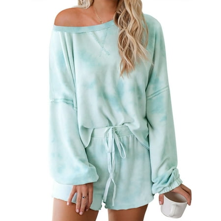 

Eytino Womens Tie Dye Printed Shorts Pajama Set Plus Size Long Sleeve Tops and Shorts Nightwear Loungewear 2 Piece Sleepwear