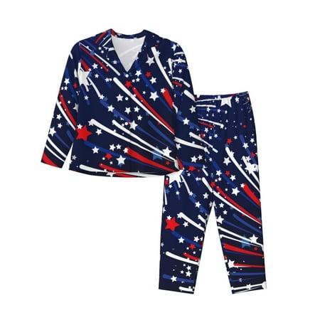 Lsque Red White Blue Fireworks 1 Pattern Long Sleeve Pajama Set for Women - Soft 2-Piece Sleepwear and Loungewear Set with Pockets  Comfy Nightwear-Medium