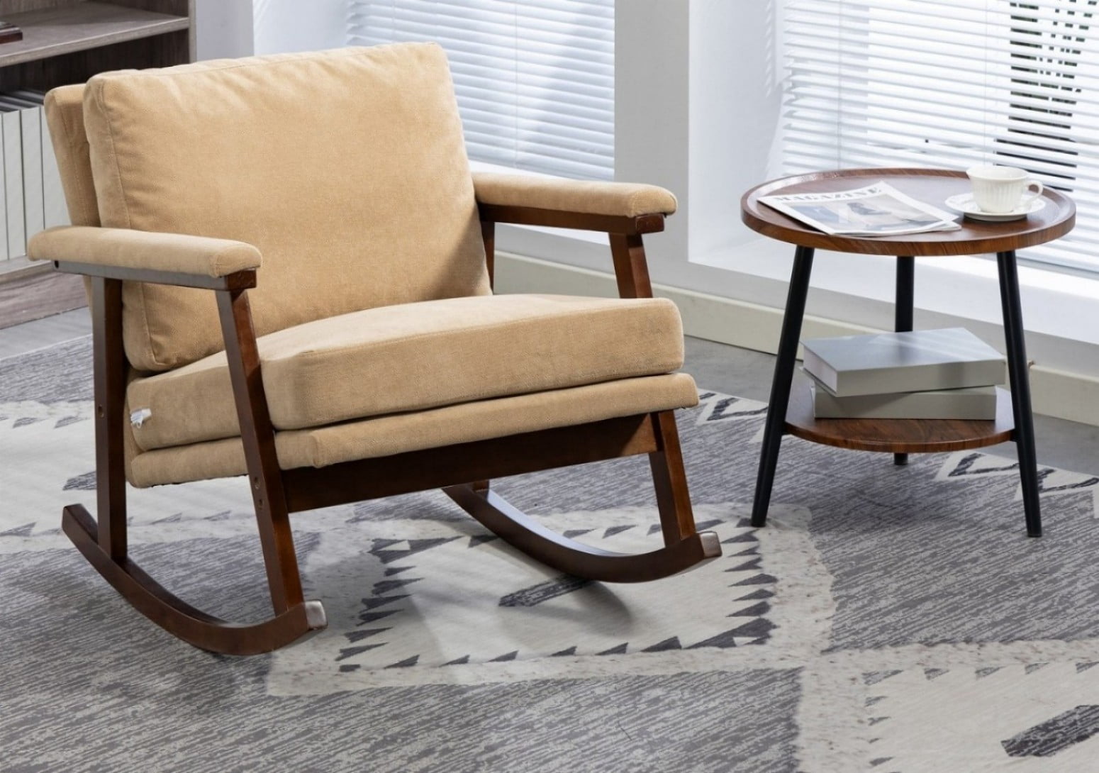 Mid-Century Modern Rocking Accent Chair with Wood Frame, Upholstered Reading Armchair with Waist Cushion, High-Density Foam Lounge Chair for Living Room, Bedroom, Sunroom, Khaki