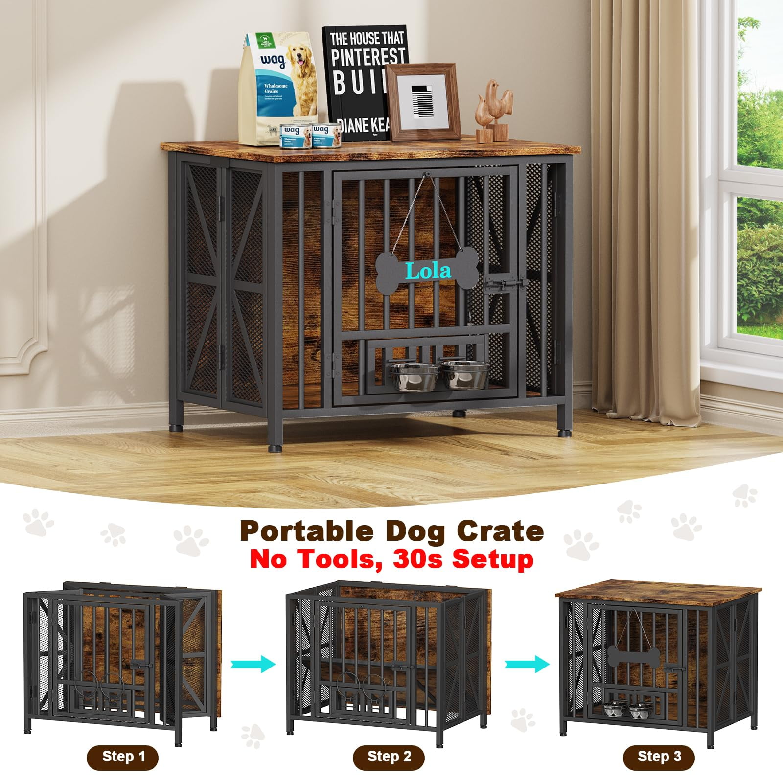POAO 31.5" Assembly-Free Dog Crate Furniture for Small Dog, Foldable Dog Kennel Indoor with Tag & Adjustable Bowls, Dog Cage Use as End Table, Brown