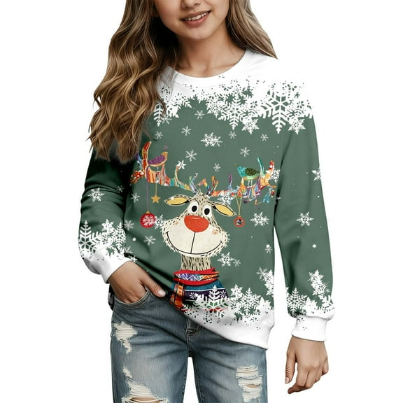 Kids Christmas Sweatshirts for Kids Reindeer Sweatshirt Long Sleeve Pullover Crewneck Sweatshirt Christmas Outfit Toddler Girl 7-8 Years