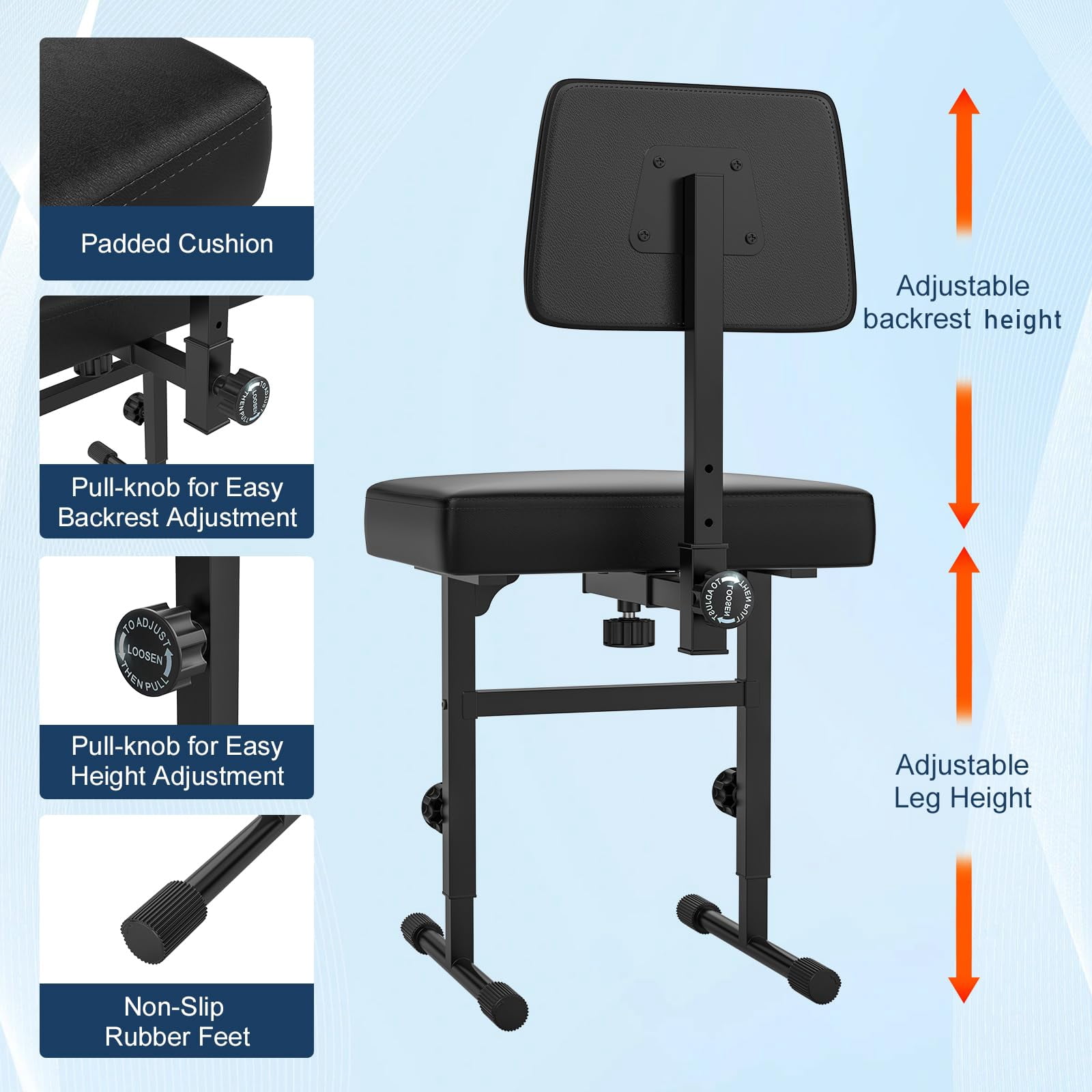 Keyboard Bench Piano Padded Cushion With Backrest Height Adjustable 17.5in - 22in Chair Black (thick Padding) Iron Legs