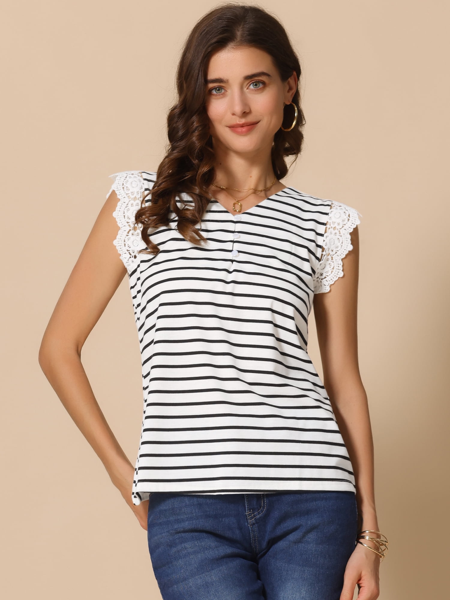 DARING DIVA Women's Striped Shirt Blouses Lace Patchwork Tank Tops S White