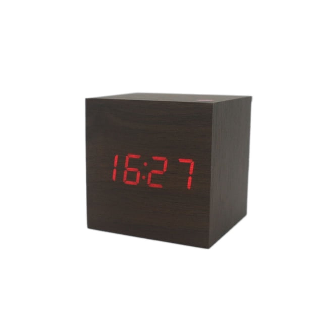 Square Cube USB Alarma de madera Reloj de escritorio digital Control de sonido Tiempo de temperatura Pantalla LED más brillante AweSitey DZ4615-01