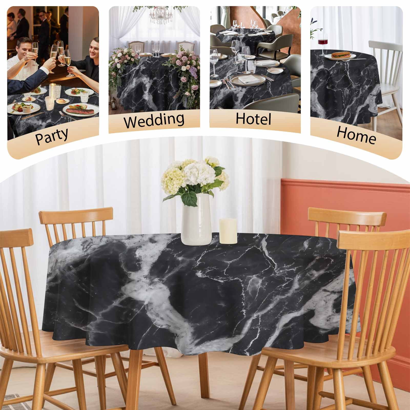 Round Tablecloth Black Marble Waterproof Oil Proof Polyester Table Cloth Cover Decor for Home Dining Outdoor,Patio,Parties, 54" Dia. Abstract Modern Themed
