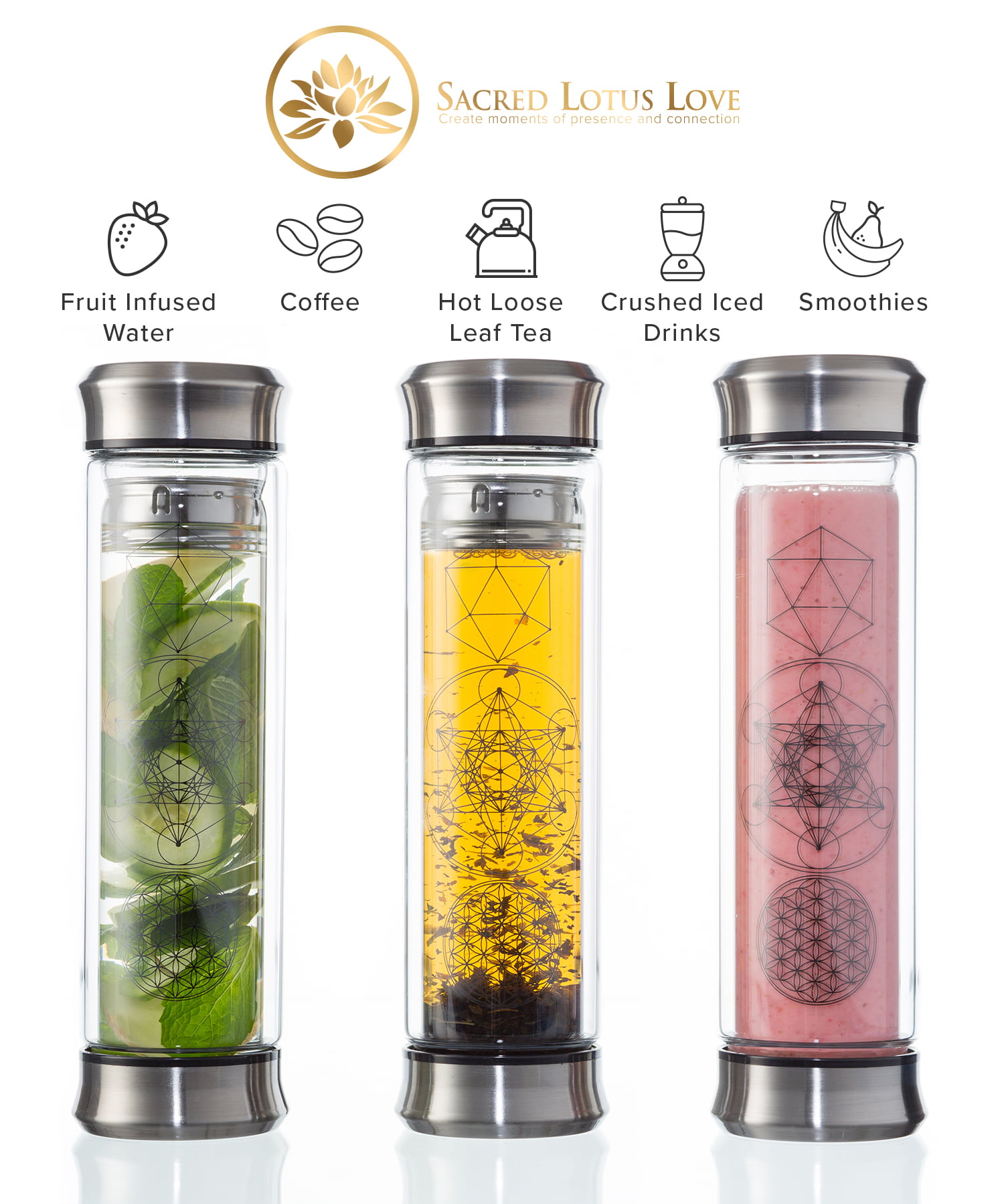 Reeho 32oz Borosilicate Glass Water Bottle with Tea Infuser, Tea Tumbler  with Strainer, Reusable Travel Mug with Sleeve & 2 Lids, for Hot or Cold