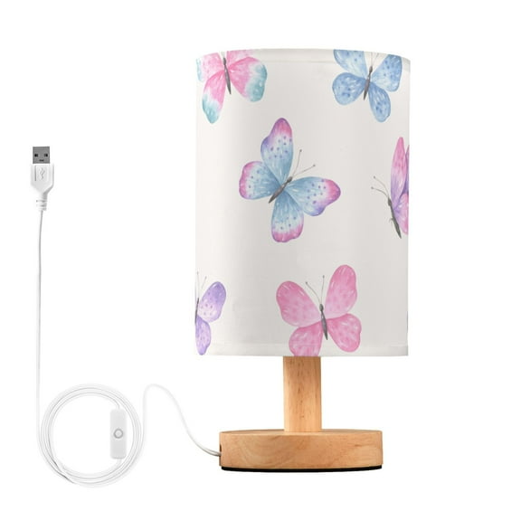 Cute Pink Butterfly in White Bedside Table Lamp LED Warm Lights with USB Charging Port Retro Cylinder Desk Lamps