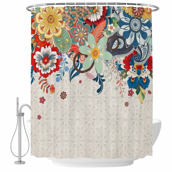 Polyester Fabric Boho Flowers Shower Curtain, Abstract Ethnic Vintage Bohemian Floral Waterproof Bathtub Curtain Bathroom Decor Set with Hooks 72 x 84 Inches