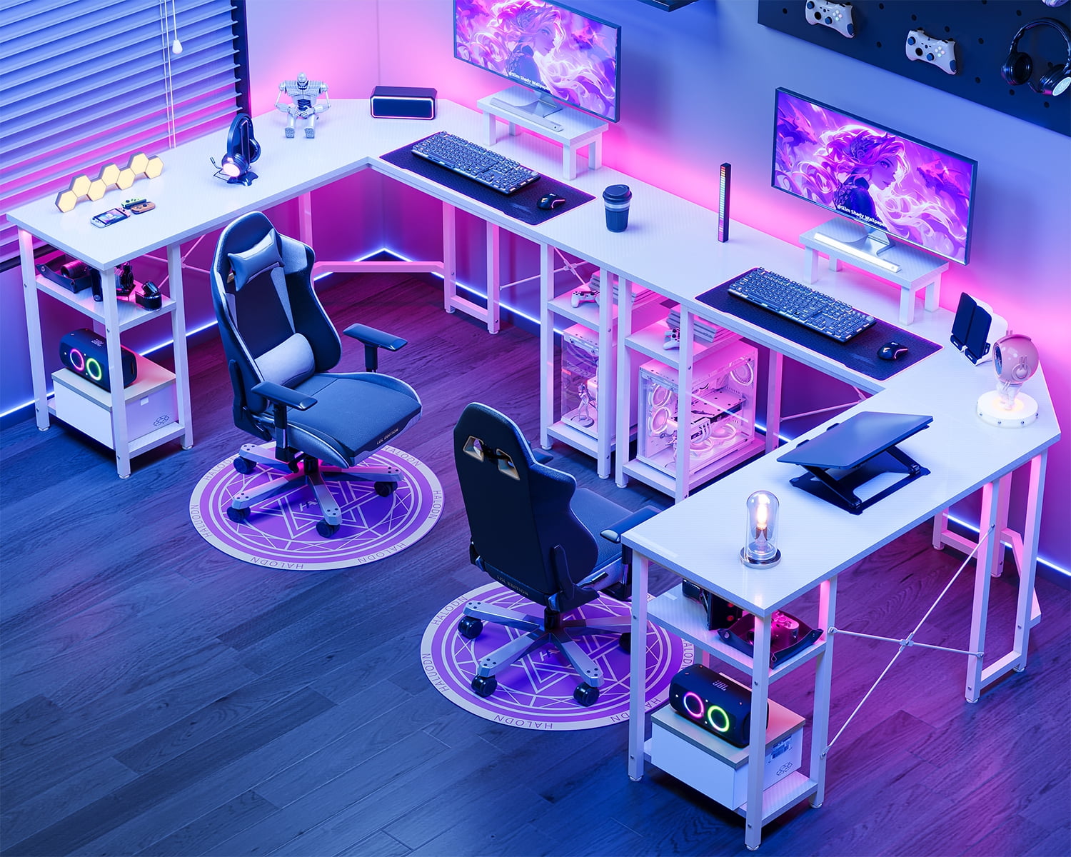 GUNAITO L Shaped Gaming Desk with CPU Stand, 61" Modern Corner Computer Desk,Reversible Office Desk 4-Tier Shelf,Carbon Fiber White