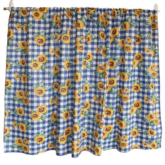 Cotton Curtain Floral Print 58 Inch Wide Sunflower Tavern Checkered Blue