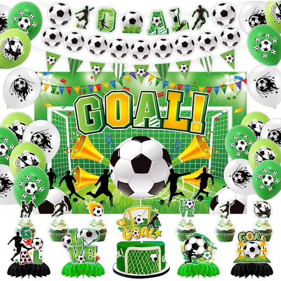 42Pcs Soccer Party Supplies,Soccer Game Decorations Includes Banner,Backdrop,Latex Balloons,Cake Cupcake Toppers,Honeycomb Centerpieces for Soccer Themed Party,Tournament Weekend for Soccer Fan