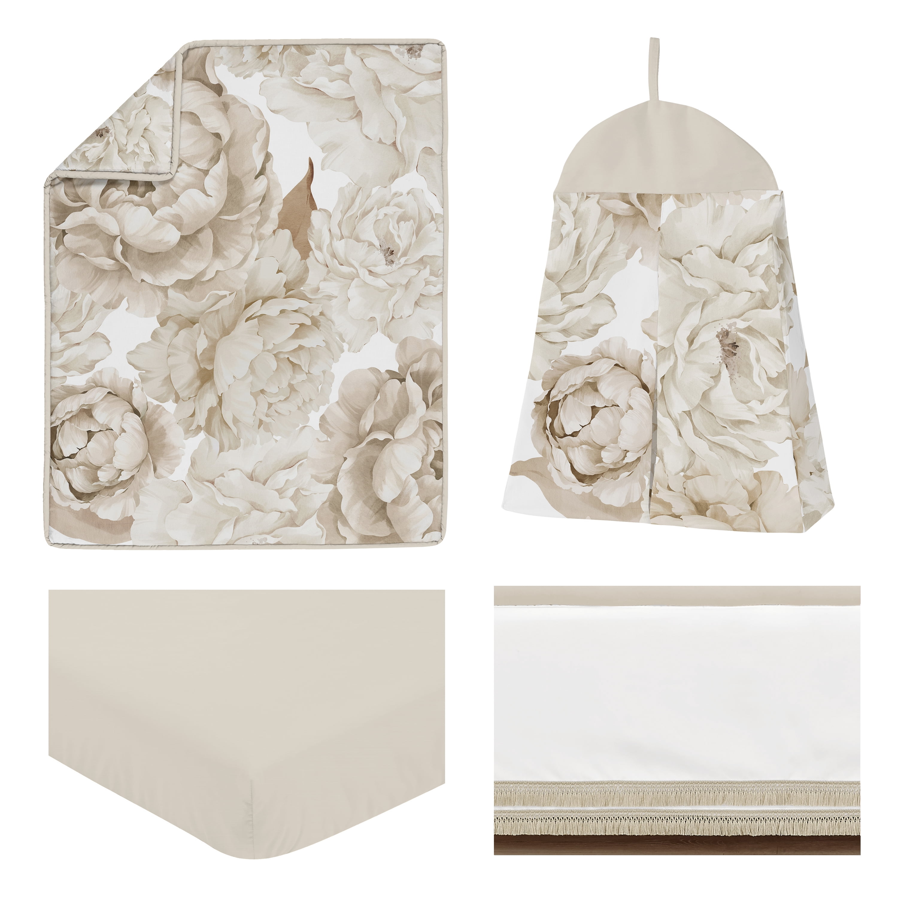 Sweet Jojo Designs Peony Floral Garden Taupe and Ivory Girl Crib Bedding Set 4 Piece