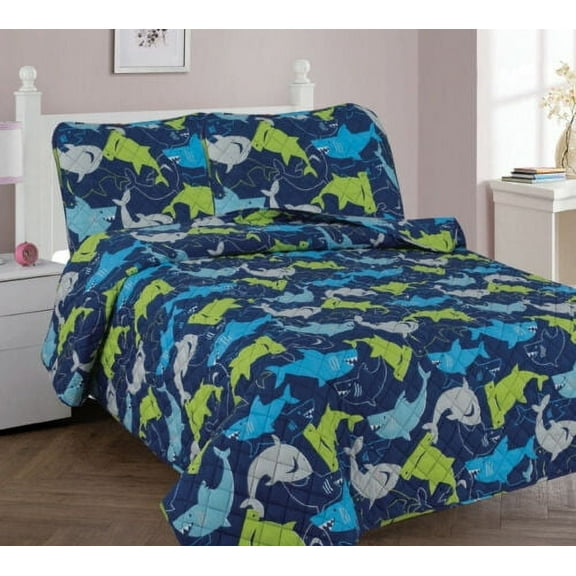 FULL SHARK BLUE Kids Coverlet Bedspread Quilted Set with Pillow Shams