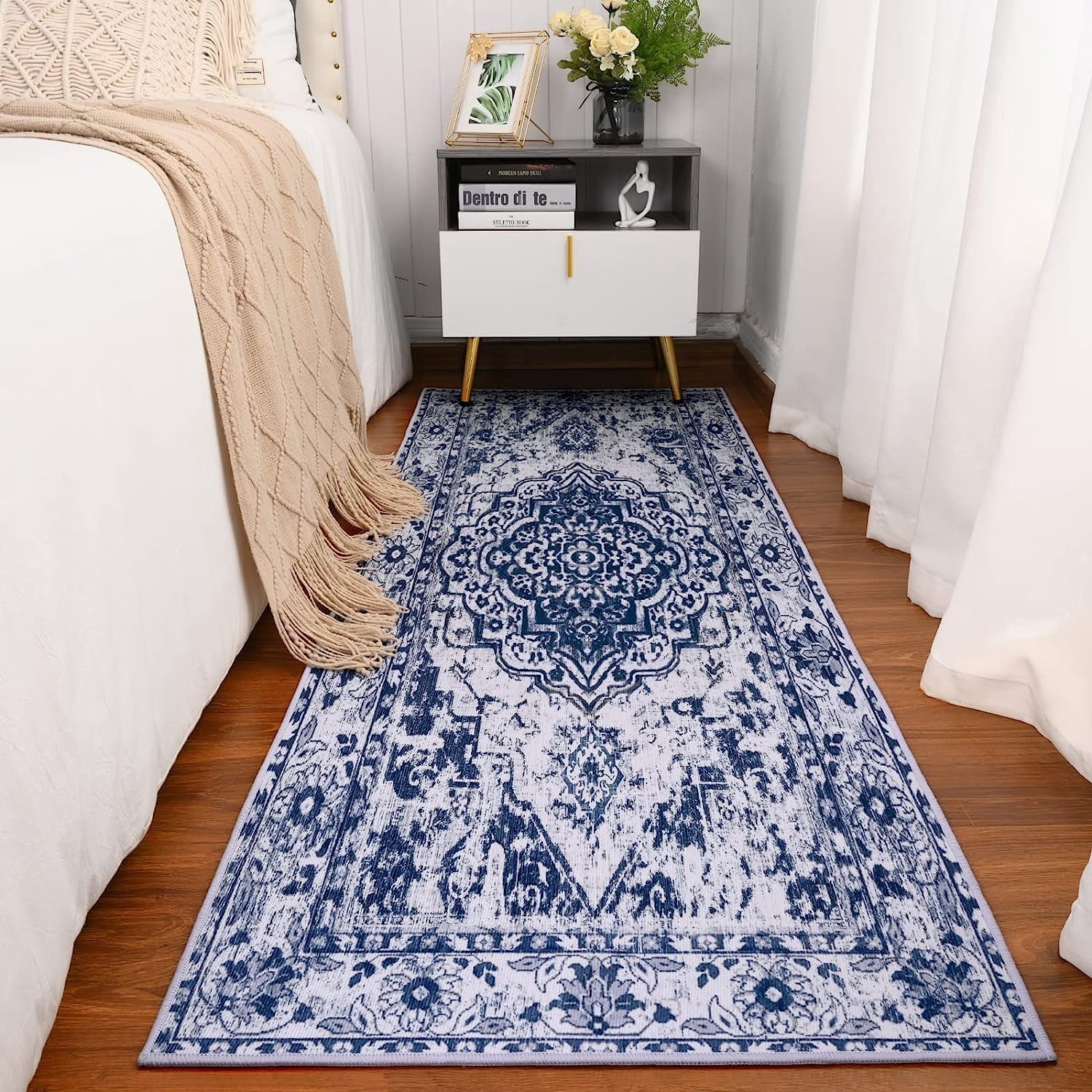 TWINNIS 2'x6 'Runner Rugs Anti Slip Backing Area Rugs for Living Room,Washable Rugs Boho Vintage Tribal Runner Rugs,Blue,2'x6'