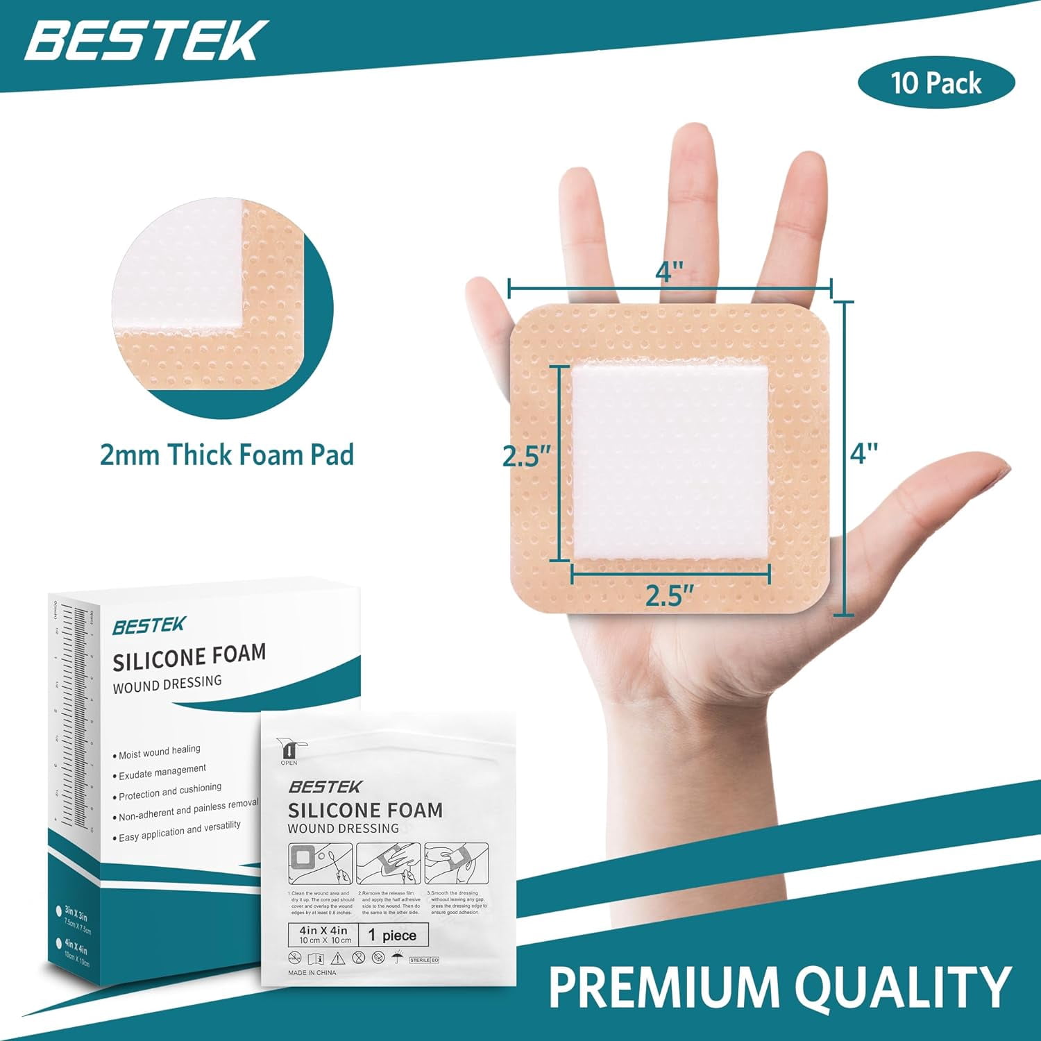 BESTEK Silicone Foam Dressing with Border Adhesive, Waterproof Wound Dressing Bandage, High Absorbency Wound Pad for Surgical Wounds, Cuts, Abrasions, Silicone Wound Bandage (3''x3'' (Pack of 40))