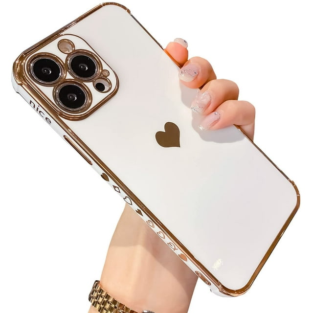 ALYLY Compatible with iPhone 13 Pro Max Case Cute,Luxury Plating Love Heart Phone Case with Camera Protection,Soft TPU Bumper with Small Love Pattern,Airbag Shockproof Case Cover 6.7 inch-White