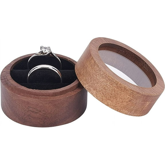 Walnut Wooden Ring box (Coffee 5x3.6cm) Round Walnut Ring Organizer with Clear Window Jewelry Ring box with Two Slots Black Velvet for Proposal Engagement Birthday Wedding Ceremony