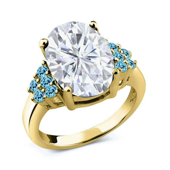 Gem Stone King 18K Yellow Gold Plated Silver Swiss Blue Topaz Ring Set with Moissanite (5.46 Cttw) (Size 7)