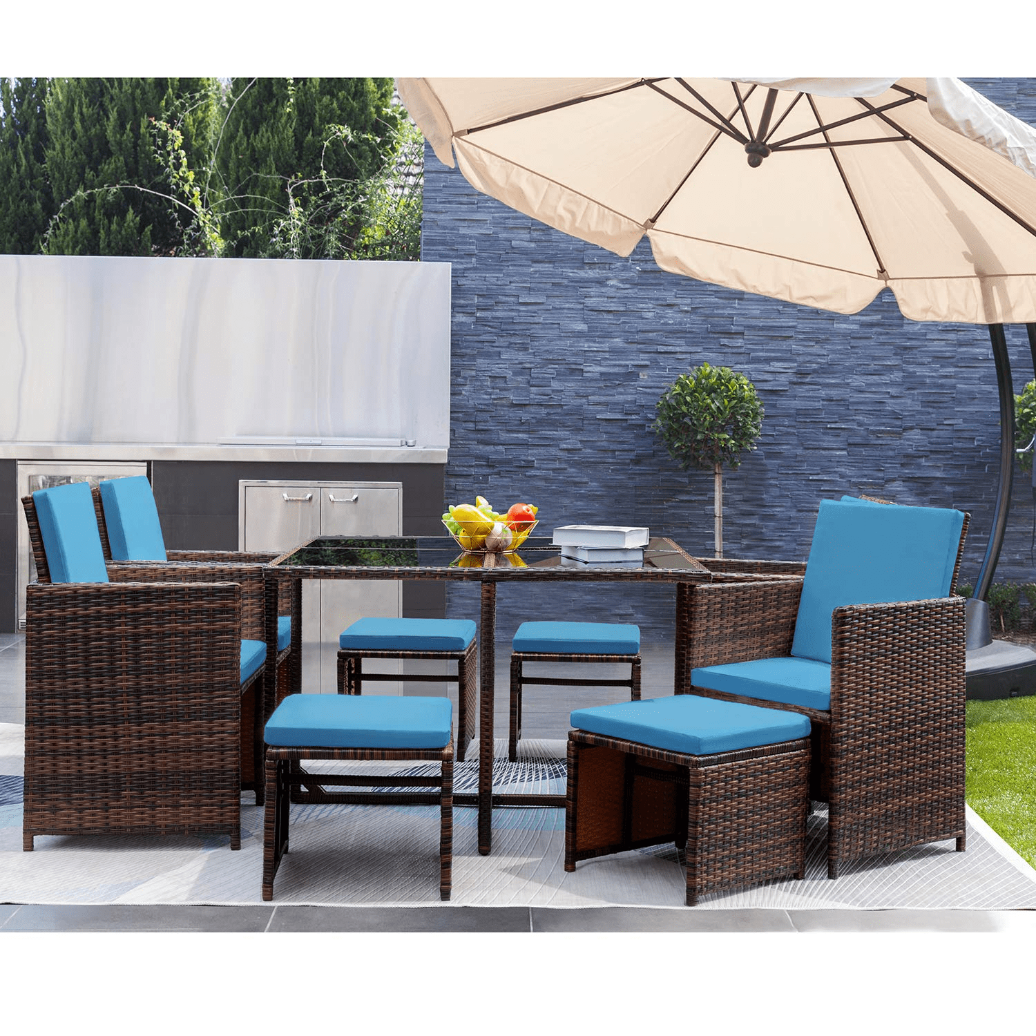 Vineego 9 Pieces Patio Dining Sets Outdoor Furniture Patio Wicker Rattan Chairs and Tempered Glass Table Sectional Set Conversation Set Cushioned with Ottoman (Brown)